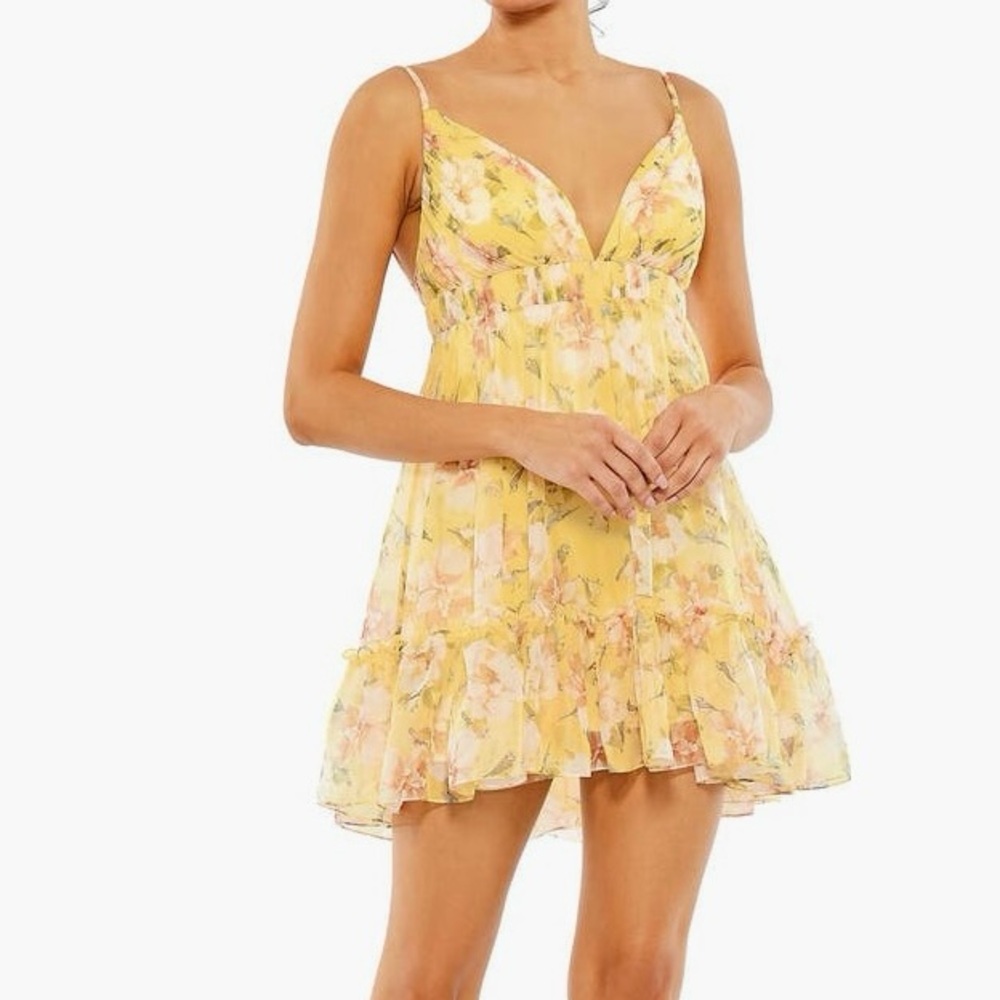 Mac Duggal Yellow Floral Mini Dress